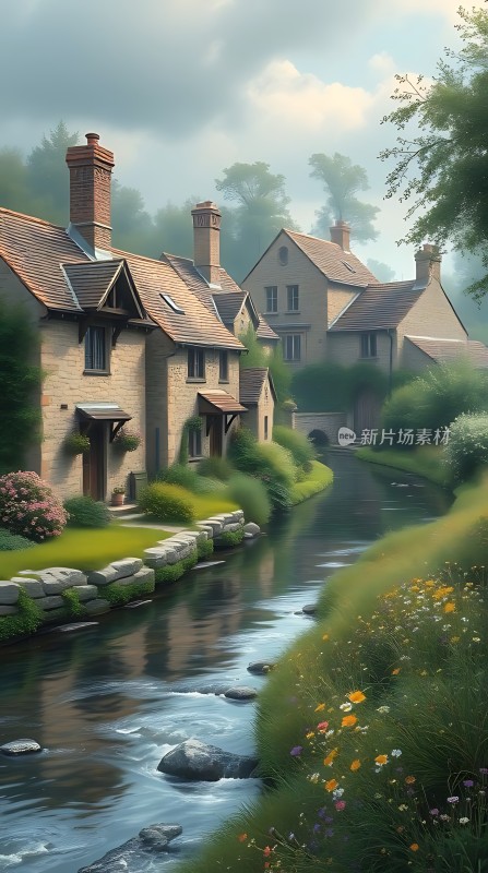 宁静小溪旁的温馨乡村