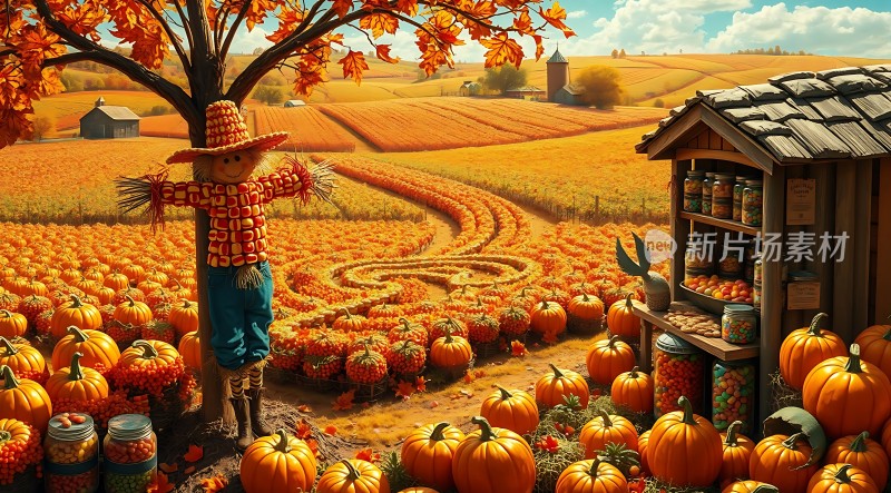 秋日丰收节南瓜小屋与稻草人