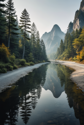 树木倒映在山间溪流的水中高清风景插图片