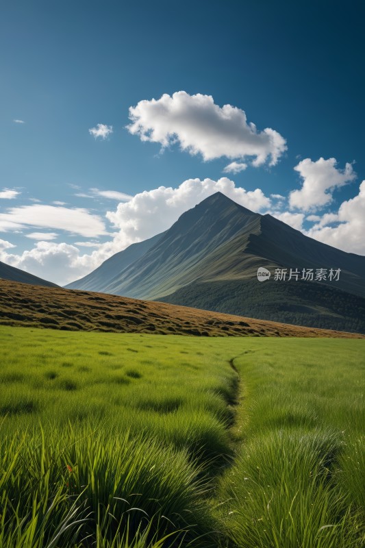 草地一条小路通向远处的一座高山