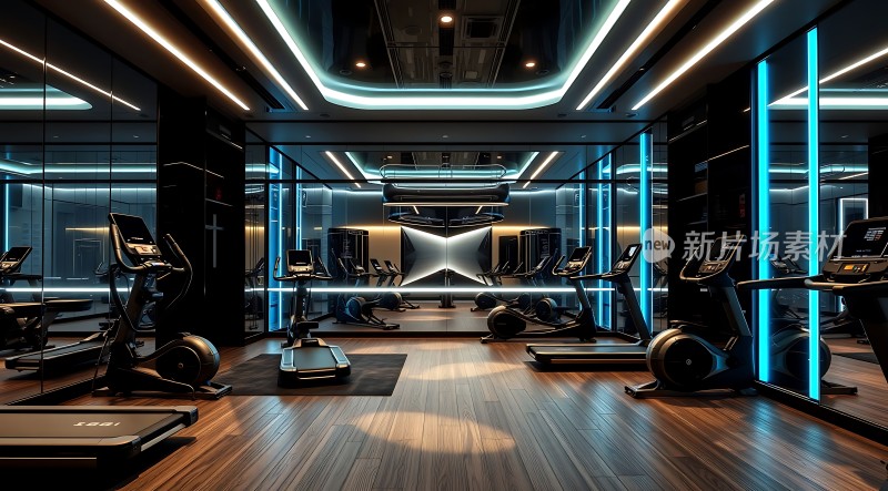 现代健身房时尚健身器材镜面墙设计木质地板蓝色灯光点缀