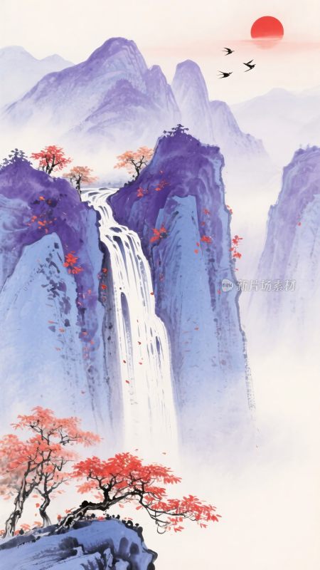 中式山水瀑布落日景观