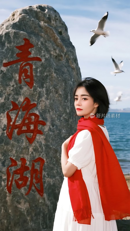 青海湖畔红衣佳人海鸥翱翔美景如画