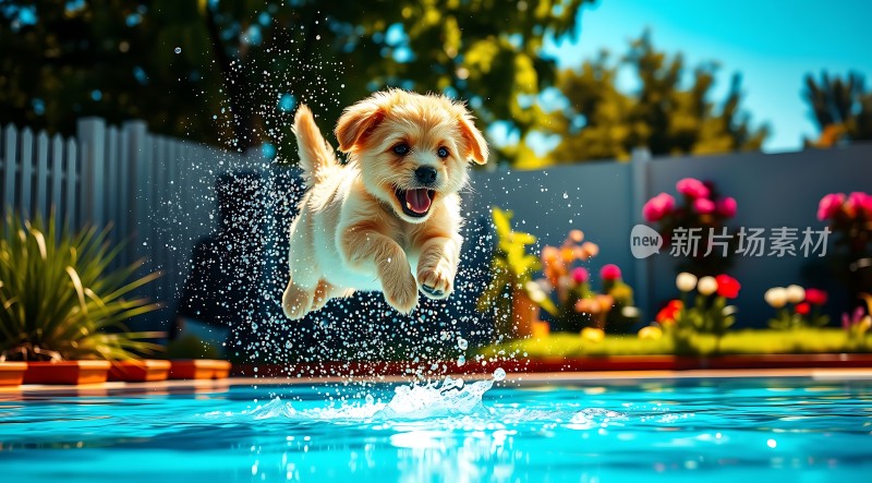 阳光下的快乐小狗跃入泳池