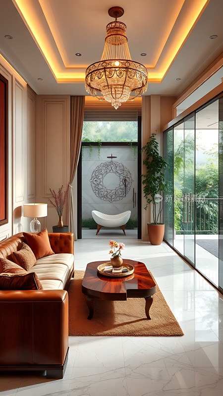 现代豪华客厅棕色沙发水晶吊灯落地窗绿植点缀