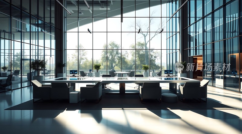 现代办公空间宽敞明亮玻璃幕墙设计自然光线充足
