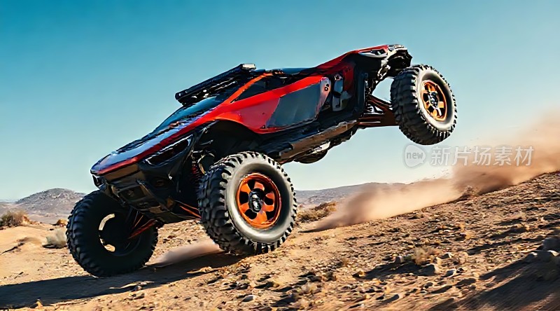 红色越野车跃起于沙丘之上展现极限运动魅力