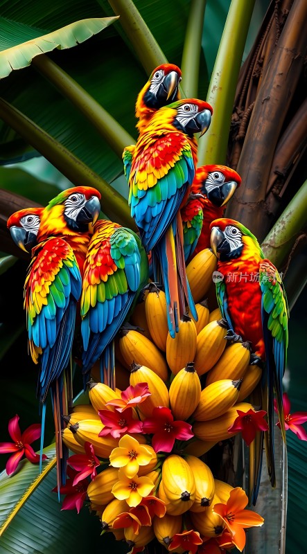 五彩鹦鹉香蕉花丛中