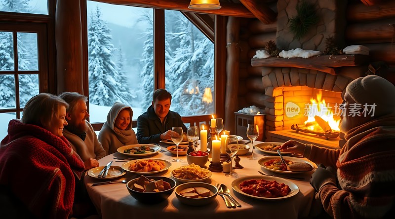 冬日暖炉旁温馨家庭聚餐