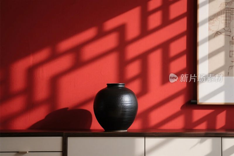 红色墙面花瓶光影图