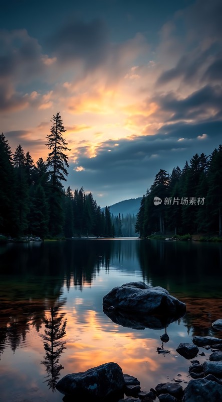 湖畔日落映彩霞静谧森林入眼帘