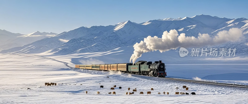 大雪节气小火车蒸汽机车冬季旅游摄影图