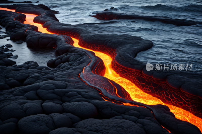 熔岩从熔岩流流入海洋风光风景图片