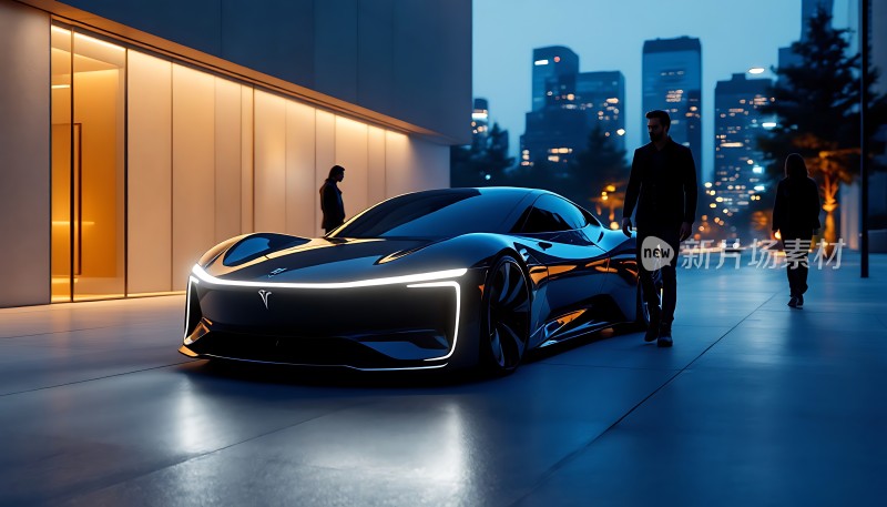 未来座驾黑色流线型跑车与现代建筑
