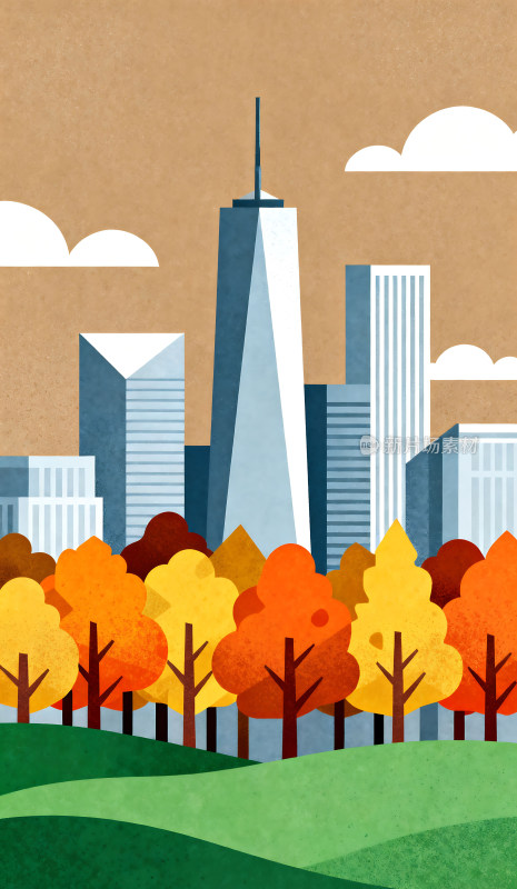 扁平风格现代秋天城市建筑插画背景