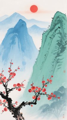 红梅映山景红日悬天际 红梅映山景红日悬天际