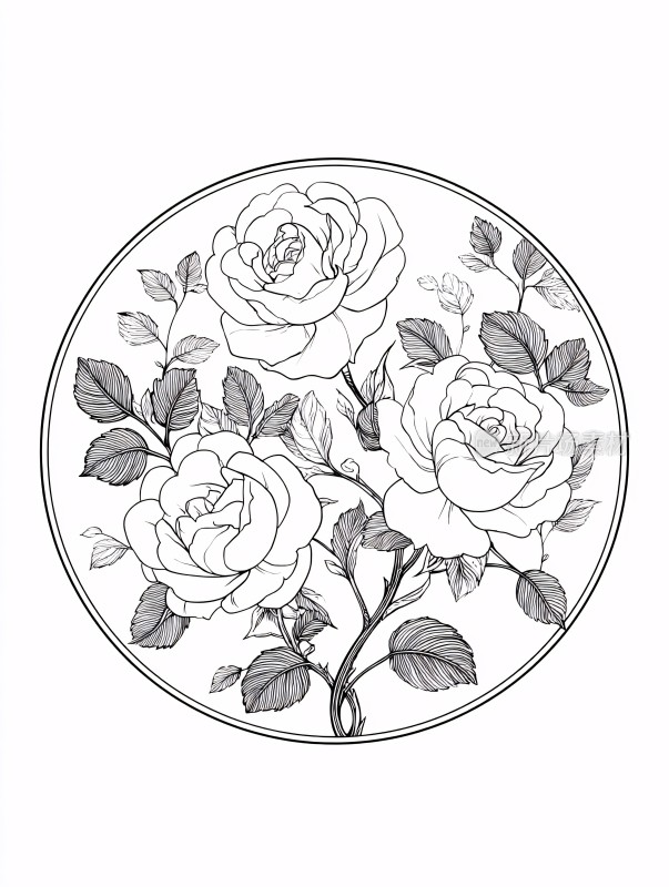 圆形黑白玫瑰花插画
