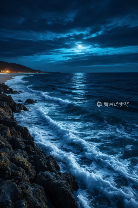 海滩的夜间景色海浪拍打着岩石高清风景图片