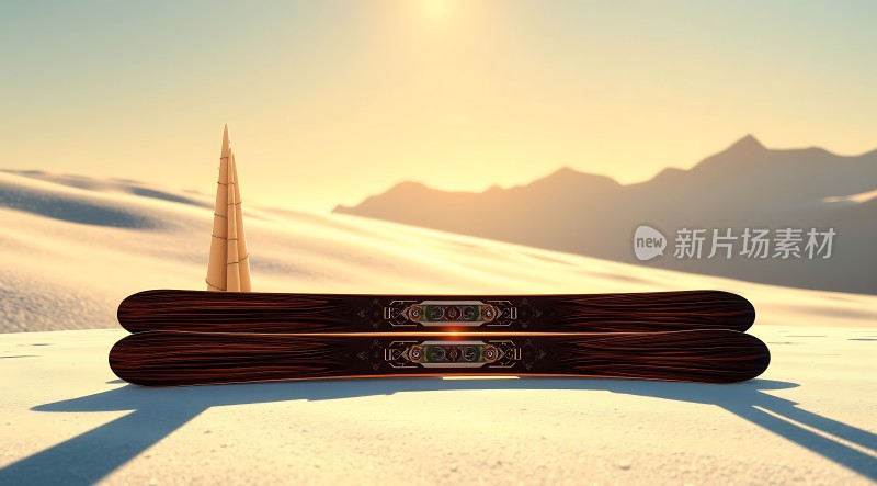 雪地上的滑雪板与阳光下的美景