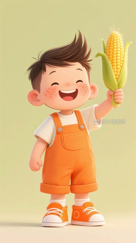 手持玉米的开心小男孩
