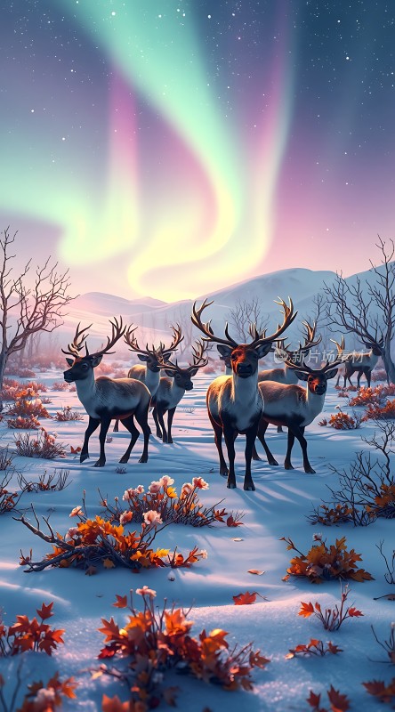 极光下的麋鹿群