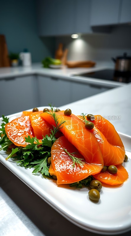 新鲜三文鱼配香菜和橄榄