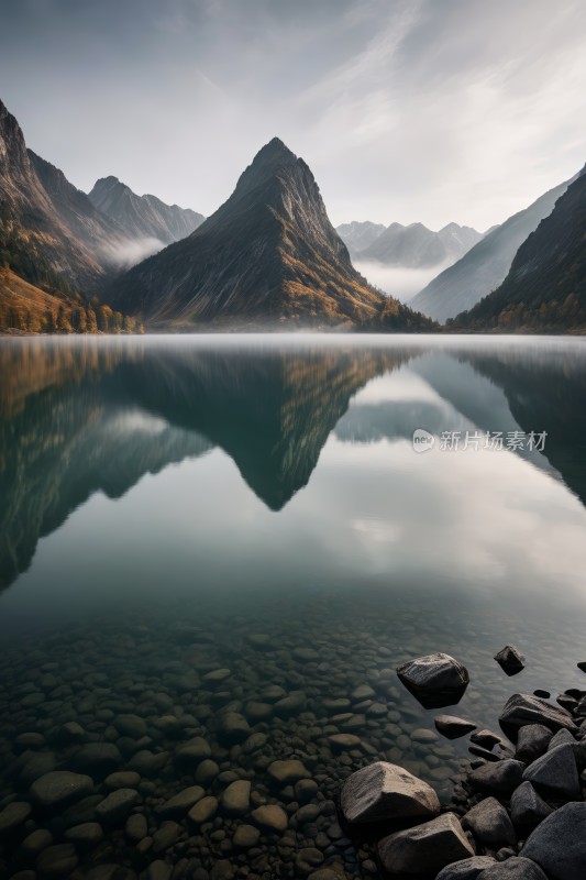 山倒映在有岩石的湖水中高清图片