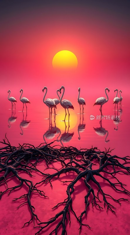 火红夕阳下的火烈鸟