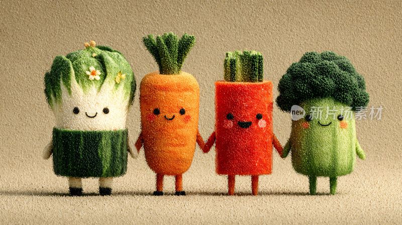 可爱拟人化蔬菜玩偶合影