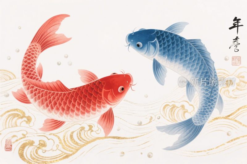 红蓝锦鲤年画插画