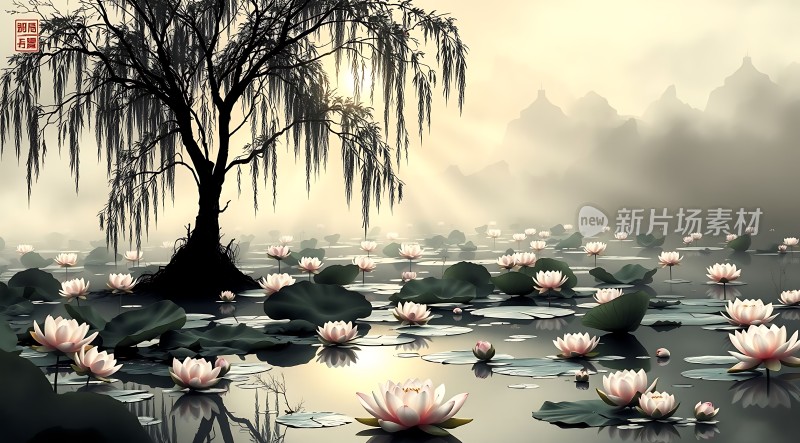 湖畔柳影映荷花