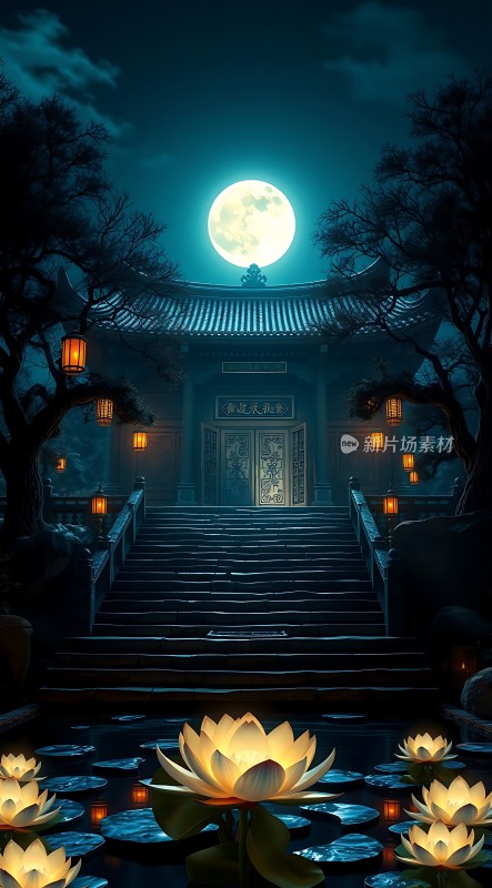 古寺夜月映莲花