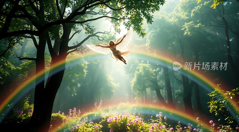 彩虹下的精灵在花丛中飞翔