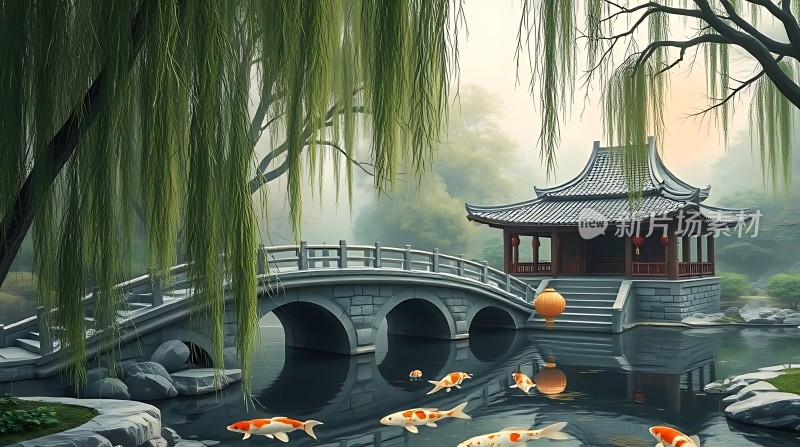古桥亭台水波鱼戏柳垂