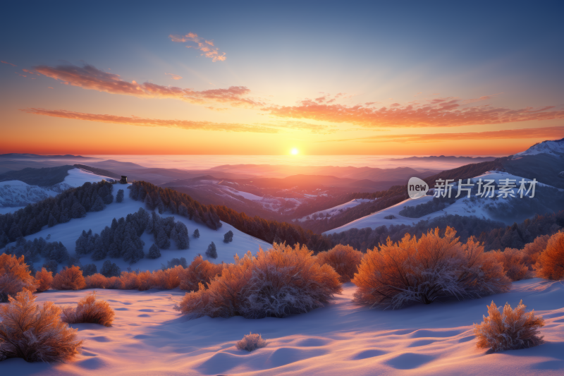 雪景前景是树木和灌木丛日落高清图片