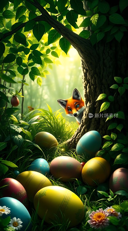春日森林里的彩色蛋与好奇狐狸