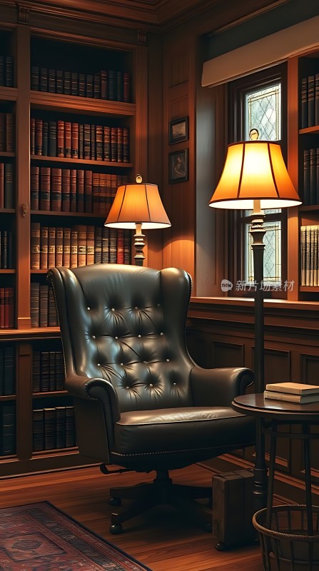 书房一角书架、椅子和台灯营造温馨氛围