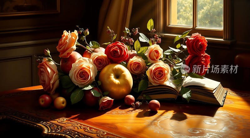 阳光下的静物之美玫瑰、苹果与书本