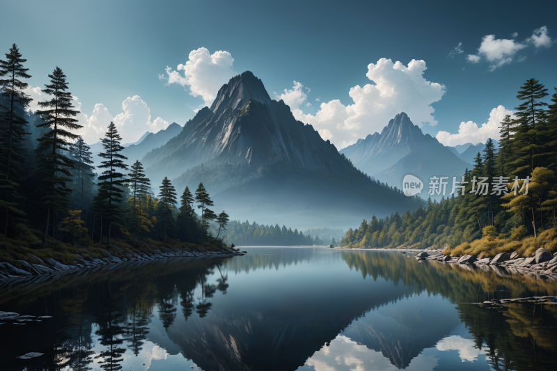 山倒映在湖静水中高清风景插画图片