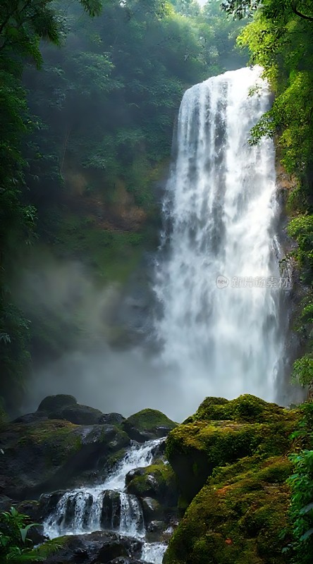 瀑布飞流直下绿意盎然自然美景令人陶醉