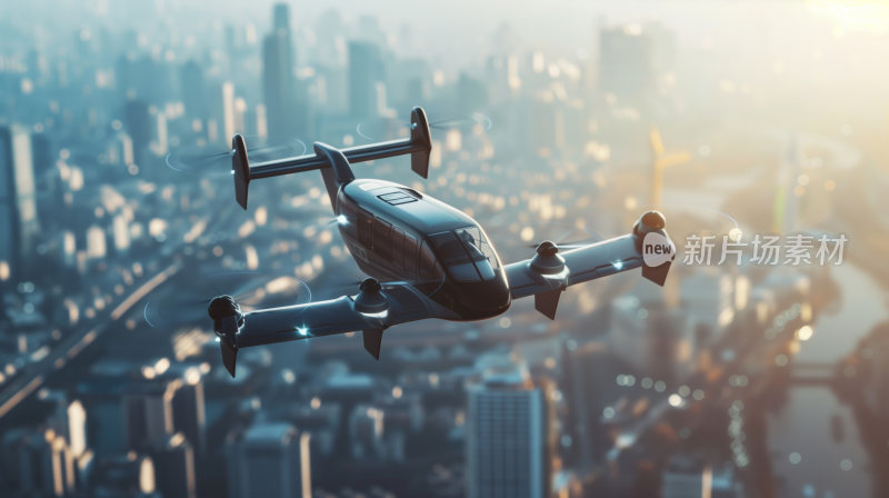 现代化城市上空飞行的一架电动垂直起降飞机
