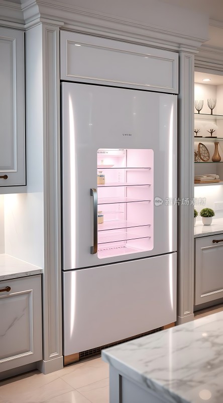 现代厨房白色冰箱与大理石台面