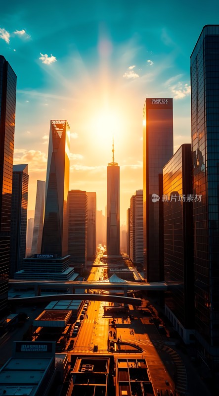 城市日出摩天大楼与阳光共舞