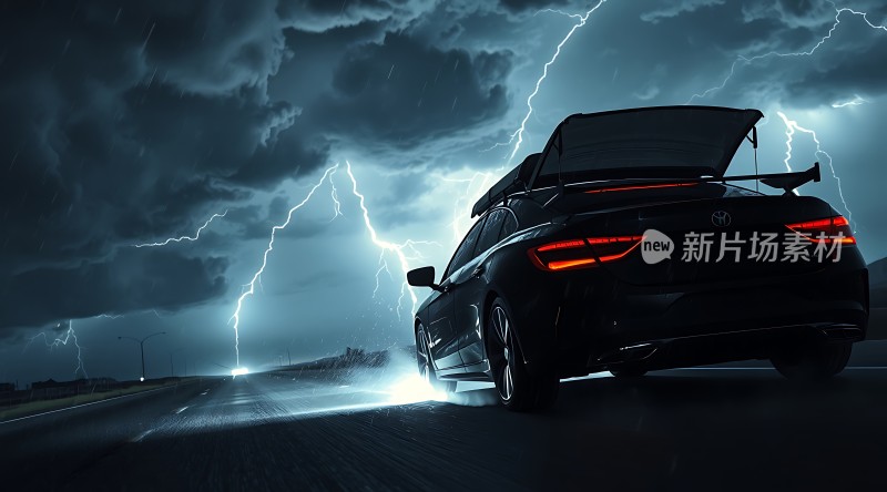黑色汽车在暴风雨中疾驰