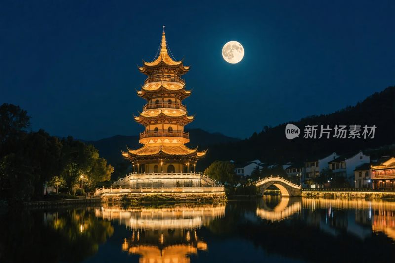 古塔夜景倒影图
