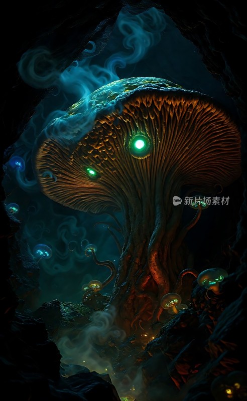 神秘洞穴中的发光蘑菇