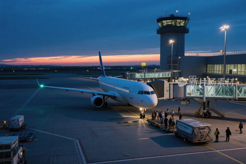 机场晚霞客机停靠