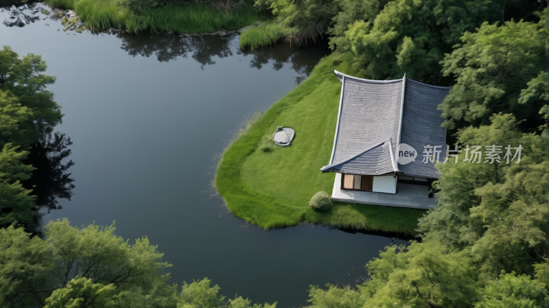 鸟瞰河流旁边草地上一栋小房子