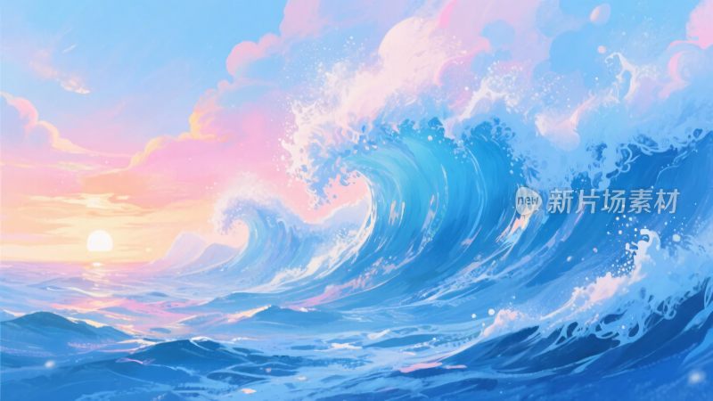 唯美海浪与日落景象