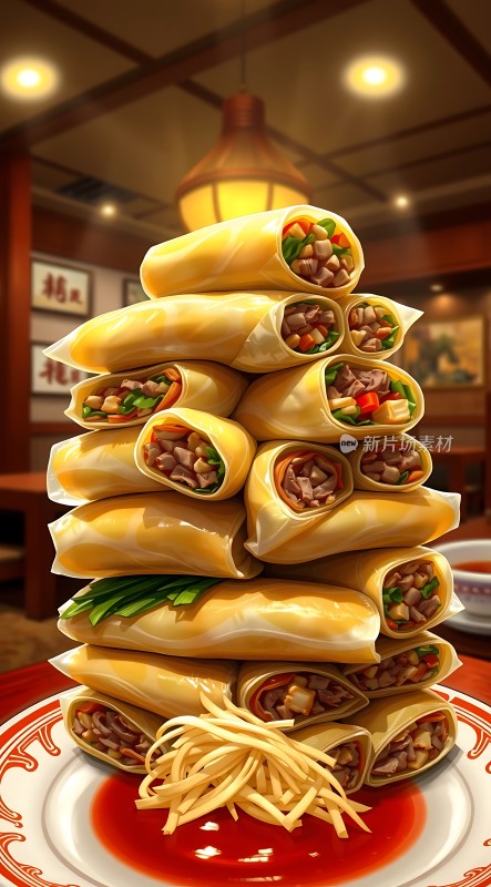 美味春卷堆叠诱人